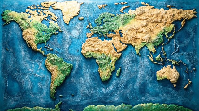 A high-resolution topographic world map detailing continents, displaying physical features such as mountains, rivers, and oceans, ideal for geographic and educational purposes.