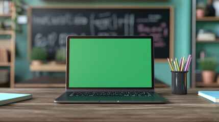 Laptop with green screen on a classroom desk