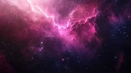 A vibrant nebula in space with pink and purple hues, glowing brightly against a dark background with stars.