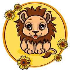 Little and sweet lion cub on yellow background with round frame decorated with sunflowers of various sizes
