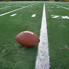 A Close-Up View of a Brown Football on a Green Turf Field Under Clear Blue Sky