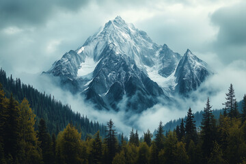 Obraz premium A photograph of the majestic mountain covered in snow surrounded by dense, green forest