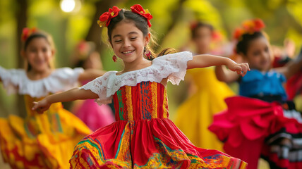 Naklejka premium The joy of a group of children performing a traditional Hispanic dance in a vibrant outdoor setting with their bright costumes flowing in motion and an audience cheering them