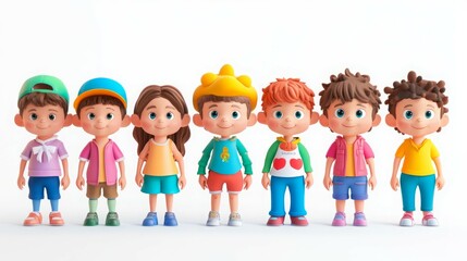 A group of cartoon children stand in a line, smiling.