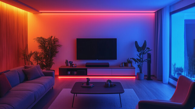 modern living room illuminated wtih vibrant led effect light for watching movies or playing games