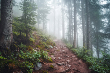Obraz premium Misty Morning Hike through Dense Forest, Exploring the Enchanted Mountain Path.