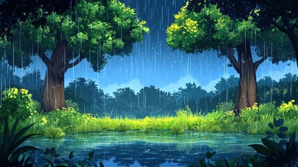 Serene Cartoon Forest Scene with Gentle Rainfall and Lush Greenery