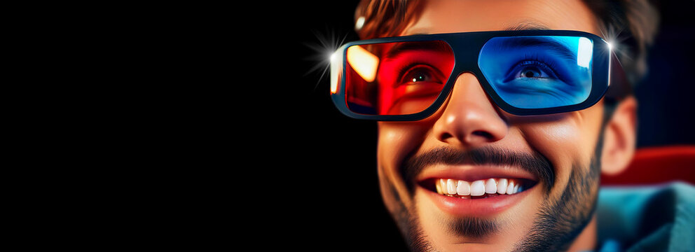 Extreme close-up and portrait of a smiling and happy young man wearing red and blue 3D cinema glasses, spectator in a movie theater watching a three-dimensional film. Generative Ai. - Powered by Adobe