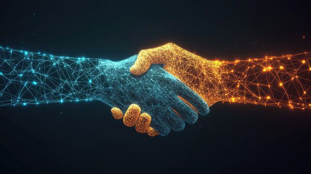 Low-Poly 3D Digital Handshake with Polygon Mesh and Network Connections on Deep Blue Background, Highlighted by Gradient Colors and Geometric Elements, Symbolizing Modern Business and Technology.
