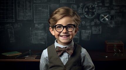 Teen Boy in glasses, blackboard background in school room. Neural network ai generated art