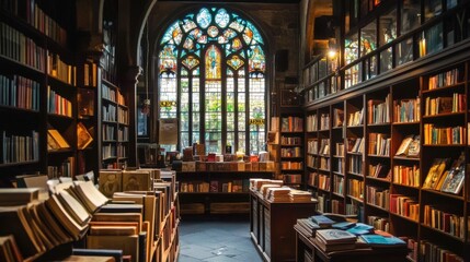 Antique bookstore with stained glass windows, showcasing rows of classic literature