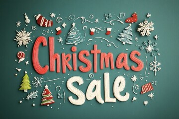 Colorful Christmas sale decorations with festive elements on a green background for holiday promotions and shopping events