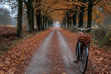 Fototapeta premium A serene autumn pathway lined with trees and covered in fallen leaves, featuring a solitary bicycle with a bag parked on the side of the country road.