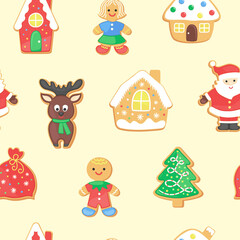 Cute Christmas cookies seamless pattern. Winter holiday repeat design with cartoon sugar cookie - gingerbread house, Santa, reindeer, Christmas tree. Good for wrapping paper, fabric any Xmas print.