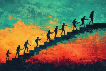 A group of silhouetted people helping each other up steps symbolizing teamwork and support against a vibrant textured background