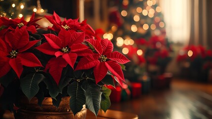 Arranging poinsettias and holiday plants around the house, with festive decorations and a warm, inviting atmosphere. 4K hyperrealistic photo.