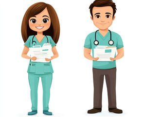 Fototapeta premium Male Doctor with Stethoscope and Female Nurse in Scrubs Standing Together Holding Medical Records in Flat Cartoon Style on White Background, Depicting Healthcare Professionals in a Clinical Setting.