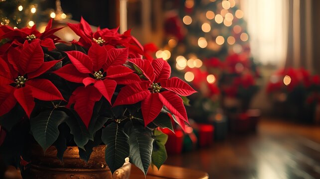 Arranging poinsettias and holiday plants around the house, with festive decorations and a warm, inviting atmosphere. 4K hyperrealistic photo.