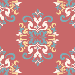 Ikat floral paisley embroidery on red background.Ikat ethnic oriental seamless pattern traditional.Aztec style abstract vector illustration.design for texture,fabric,clothing,wrapping,decoration.