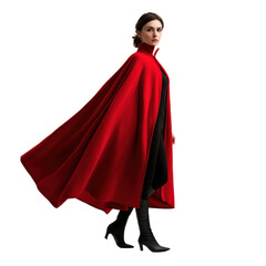 Naklejka premium A woman in a red cape standing with one foot forward, looking ready to sprint. isolated on transparency background