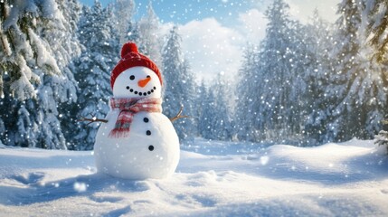 Fototapeta premium Beautiful winter landscape with a cheerful snowman adorned with a scarf and hat,