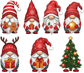 A delightful lineup of six festive Christmas gnomes, each wearing unique red and white hats and holding holiday-themed items 