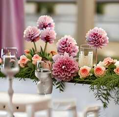 Perfect wedding decoration. Flower table decorations for wedding party. Wedding Setup.