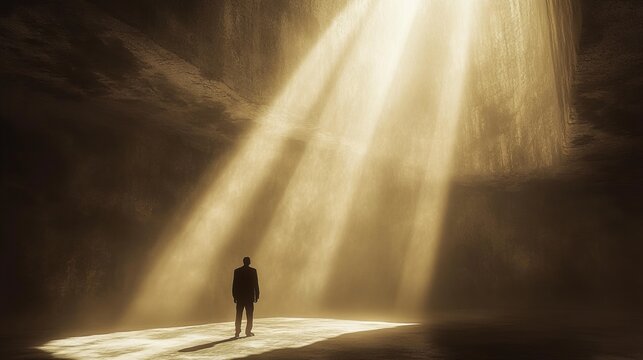 A moody image of a man standing in a dim, atmospheric setting with rays of sunlight streaming in through an open gap, creating a dramatic and introspective ambiance.