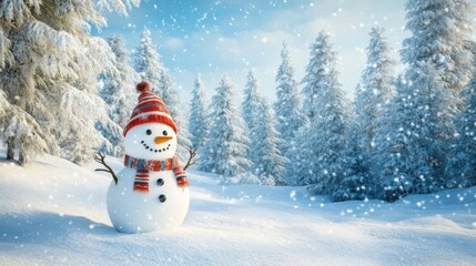 Obraz premium Beautiful winter landscape with a cheerful snowman adorned with a scarf and hat,