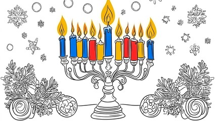Engaging Hanukkah coloring book page with menorahs, dreidels, and decorative candles, ready for kids to fill with color.