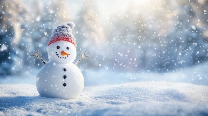 Fototapeta premium Beautiful winter scene with a snowman and softly falling snow, surrounded by a snowy