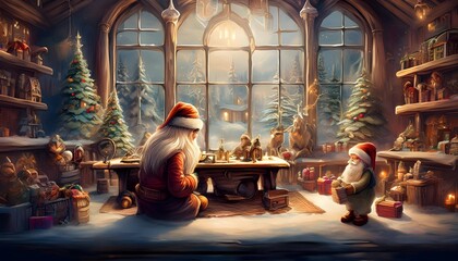 Fototapeta premium Santa's Workshop at the North Pole: Visualize Santa’s magical workshop, filled with bustling elves building toys and wrapping gifts.