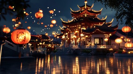 Fototapeta premium Beautifully decorated temple at night, glowing with lights and lanterns for the End of