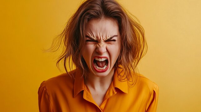 Photo of angry woman wear stylish clothes loud screamisolated on khaki color background