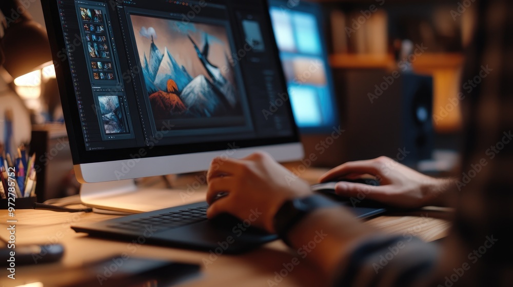 Poster a graphic designer editing a complex image on a computer screen, with a hand on a mouse and tablet -