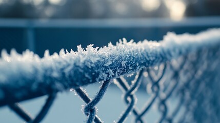 Detailed shot of frost on a metal chain link fence, with the ice crystals creating a sharp, cold texture. 4K hyperrealistic photo.