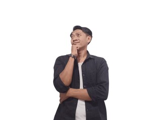 Portrait of an Indonesian Asian man, wearing a black shirt, posing in thought or confusion, isolated against a white background.