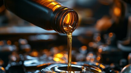 Pouring oil motor car lubricant from black bottle on engine background , service oil change auto repair shop; concept of petrochemical cleaning technology