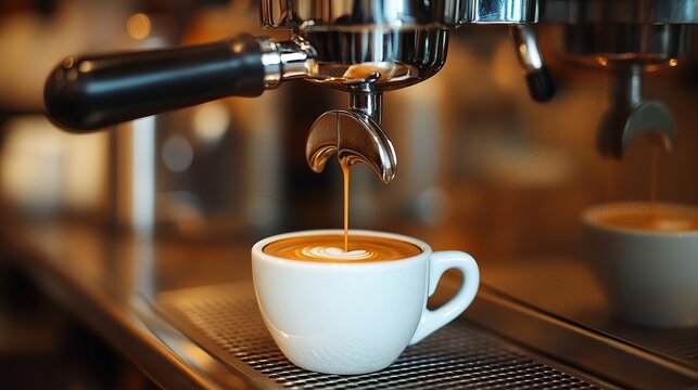 An espresso machine pouring fresh coffee into a white cup in a modern cafe setting, highlighting the rich crema on top. The background suggests a cozy, inviting atmosphere.