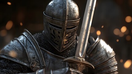 46. **Detailed 3D depiction of a brave crusader with a large sword and full plate armor