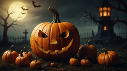 halloween pumpkin with bats and moon