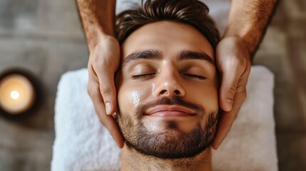 Relaxing facial treatment for a man in a serene spa environment with soft lighting and calming atmosphere