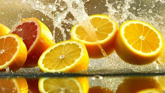 Refreshing citrus splash featuring orange, lemon, and grapefruit in a vibrant setting