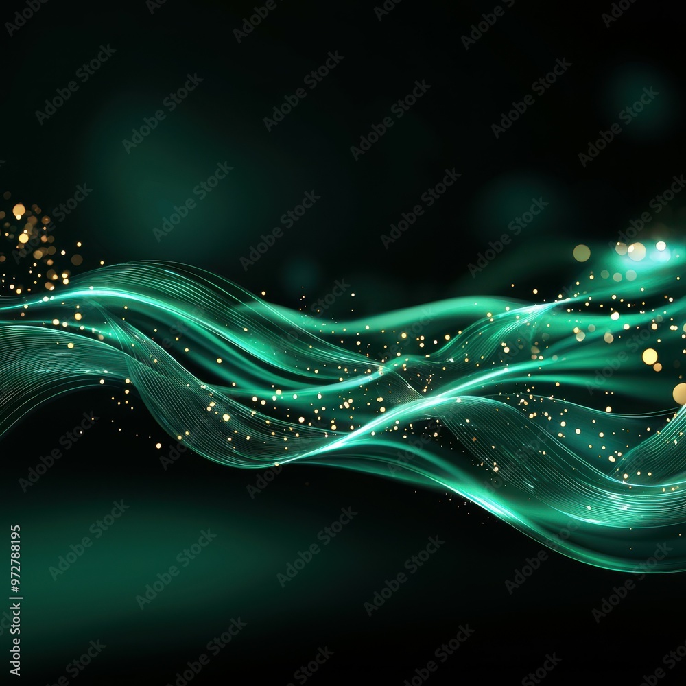 Poster abstract green waves with golden sparkles creating a dynamic and elegant atmosphere.