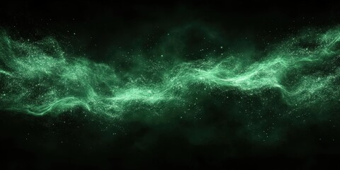 Fototapeta premium Abstract glowing green dust particles floating on a dark black background, creating an ethereal and otherworldly scene with swirling cosmic energy, evoking futuristic and sci-fi visual aesthetics 