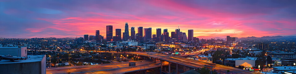 Obraz premium Modern cityscape of Los Angeles City with skyscrapers and highways, Los Angeles river in the background at dusk, illuminated by street lights. A Vincent Thomas bridge connecting two parts of downtown