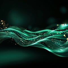 Abstract green waves with golden sparkles creating a dynamic and elegant atmosphere.
