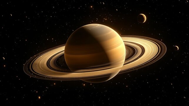 saturn planets in deep space with rings and moons surrounded. isolated on black background