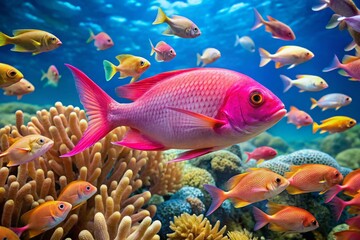 Vibrant pink tropical fish with iridescent scales and flowing fins swims amidst coral and seaweed in a sunny