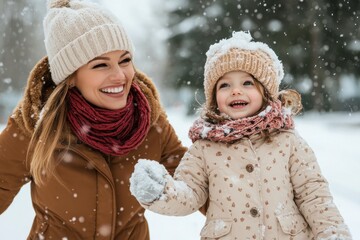 Fototapeta premium A mother and her young daughter joyfully playing in the snow, their faces lit with smiles, sharing a heartwarming moment under gently falling snowflakes.